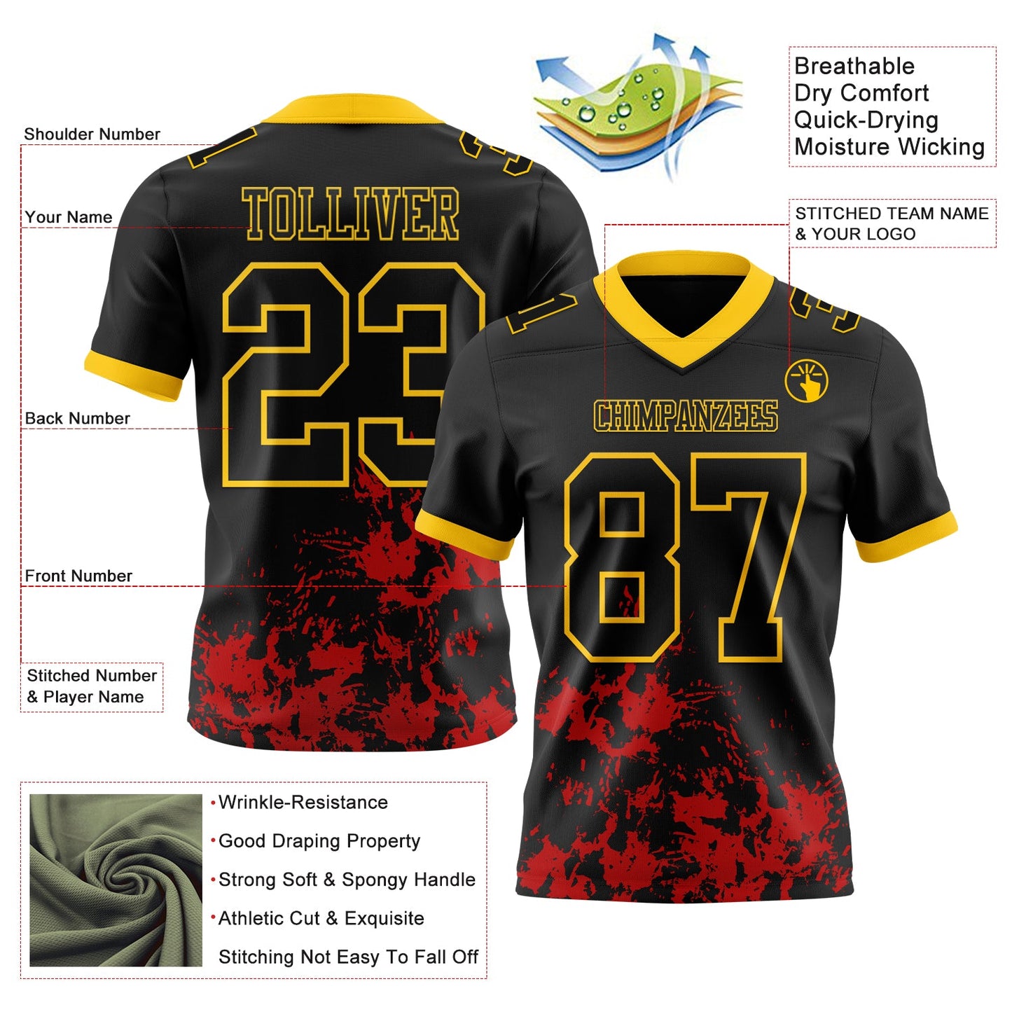 Custom Black Red-Yellow Splash Mesh Authentic Football Jersey