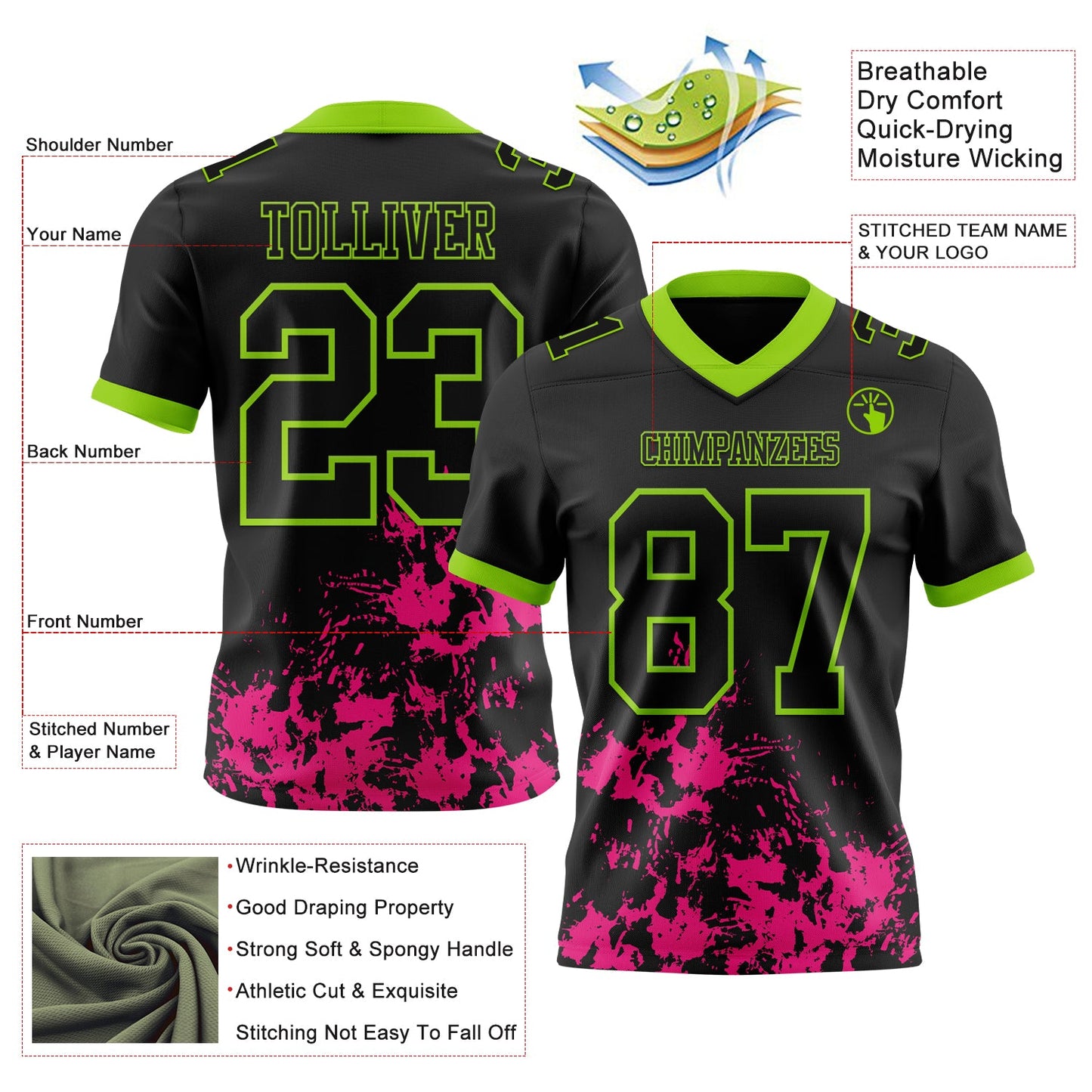 Custom Black Hot Pink-Neon Green Splash Mesh Authentic Football Jersey