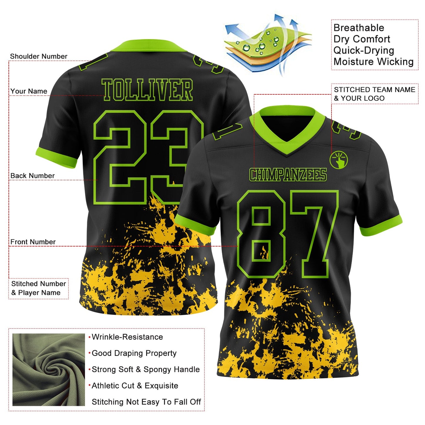 Custom Black Yellow-Neon Green Splash Mesh Authentic Football Jersey