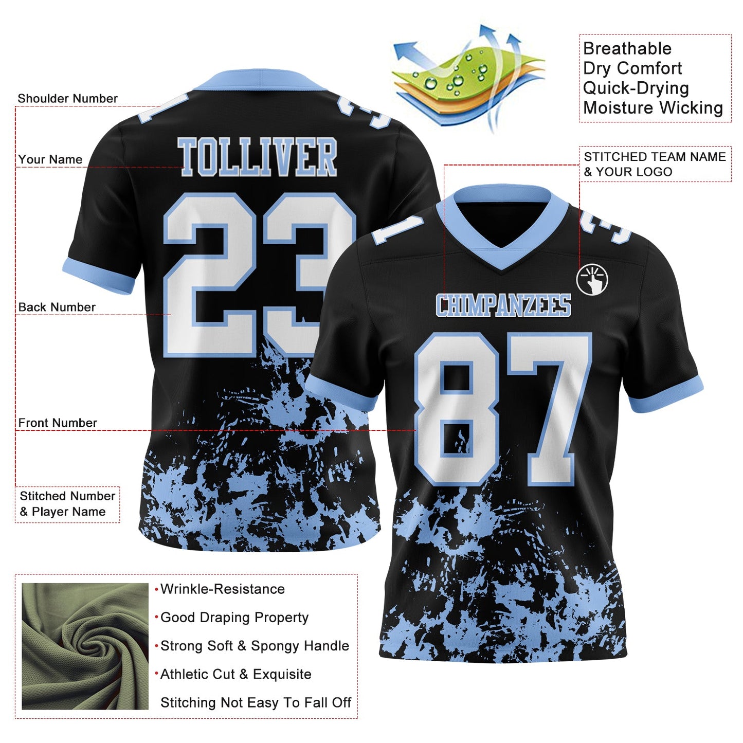 Custom Black White-Light Blue Splash Mesh Authentic Football Jersey