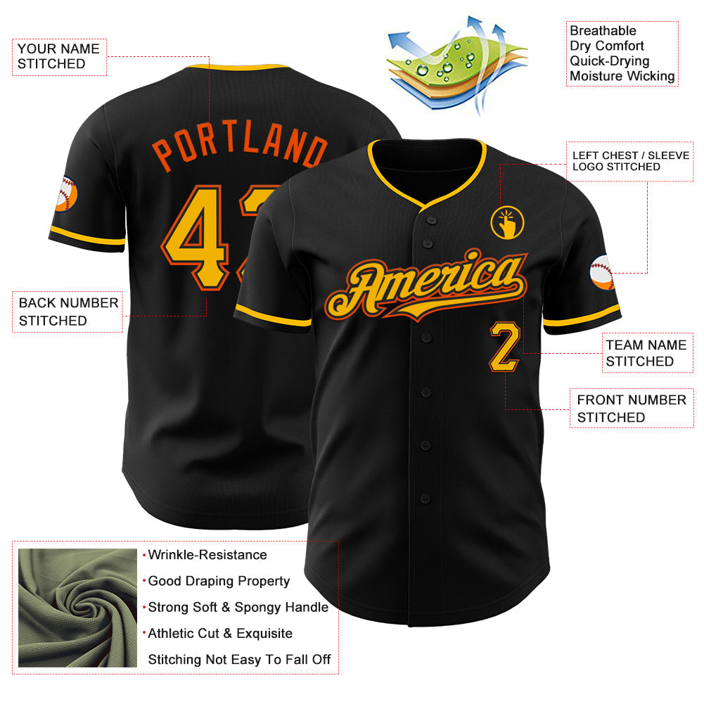Custom Black Gold-Orange Authentic Baseball Jersey