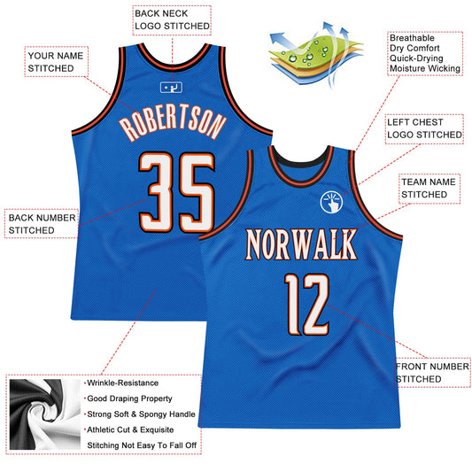 Custom Blue White-Orange Authentic Throwback Basketball Jersey