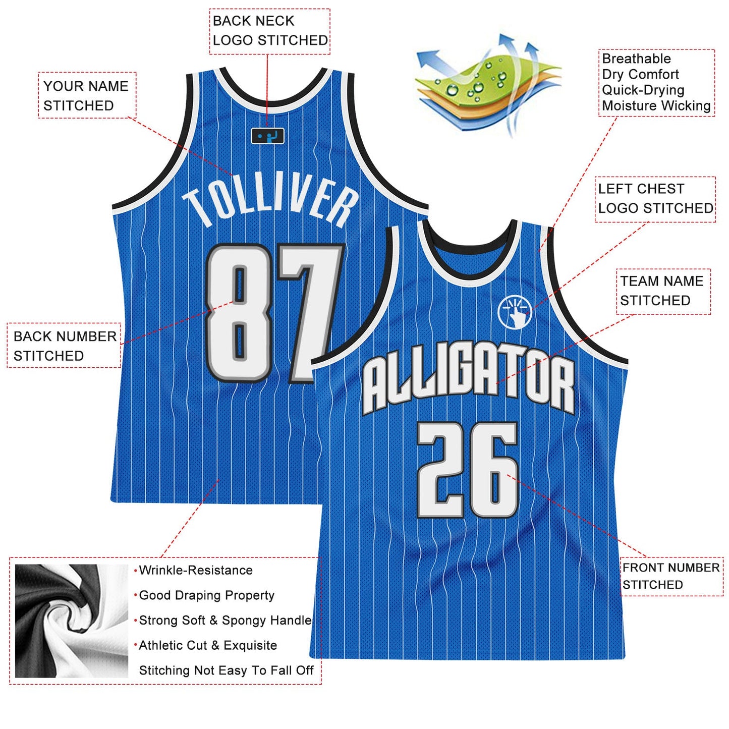 Custom Blue White Pinstripe White-Black Authentic Basketball Jersey