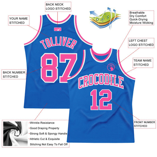 Custom Blue Pink-White Authentic Throwback Basketball Jersey