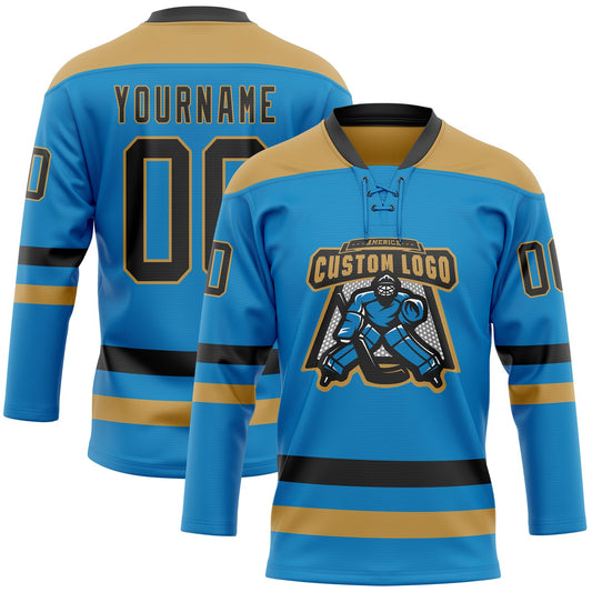 Custom Blue Black-Old Gold Hockey Lace Neck Jersey