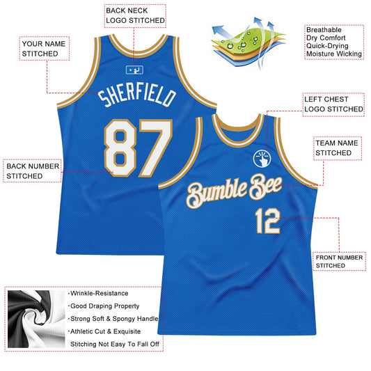 Custom Blue White-Old Gold Authentic Throwback Basketball Jersey
