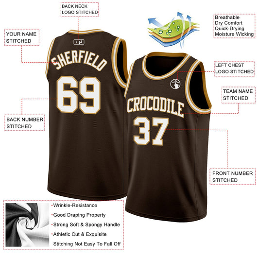 Custom Brown White-Old Gold Authentic Basketball Jersey