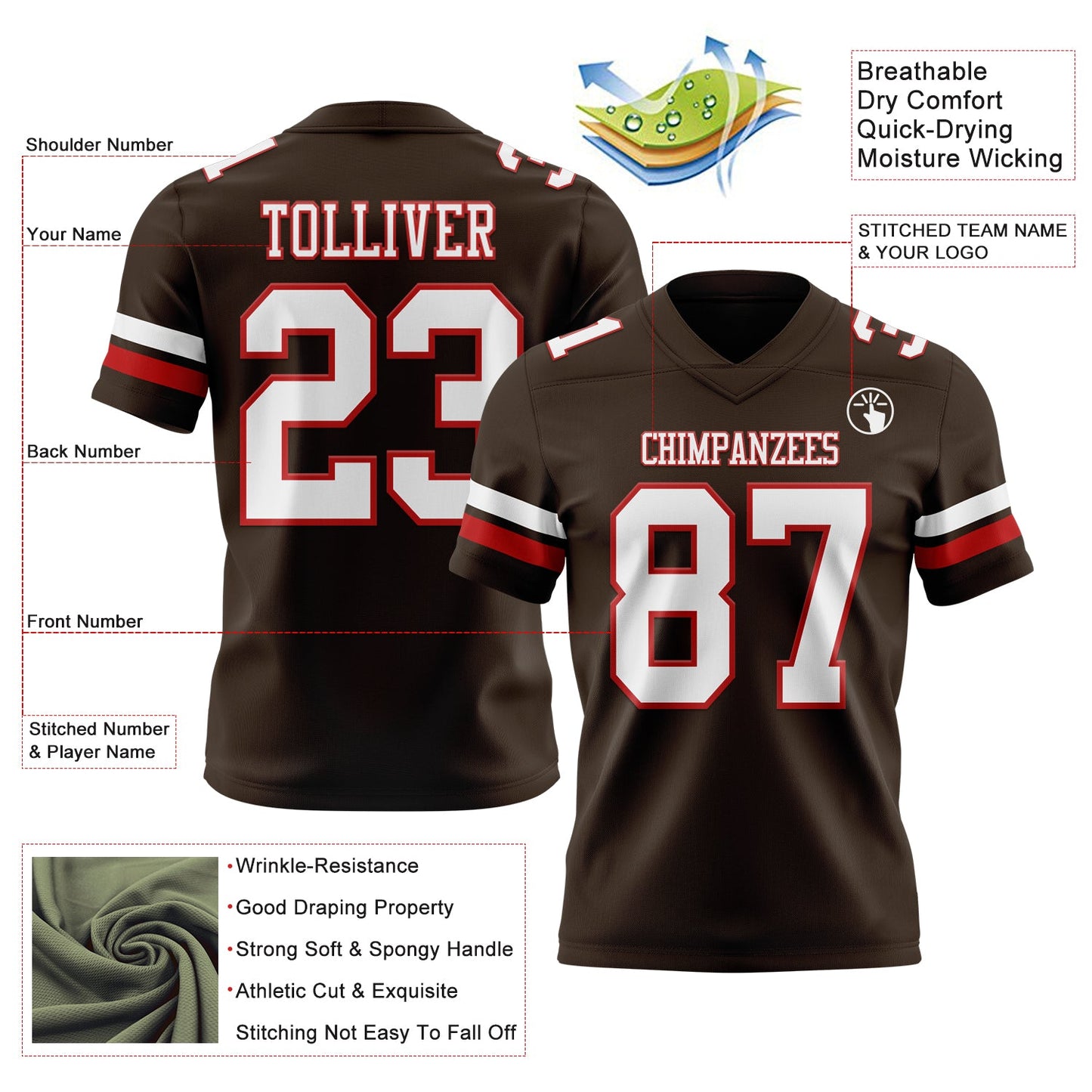 Custom Brown White-Red Mesh Authentic Football Jersey