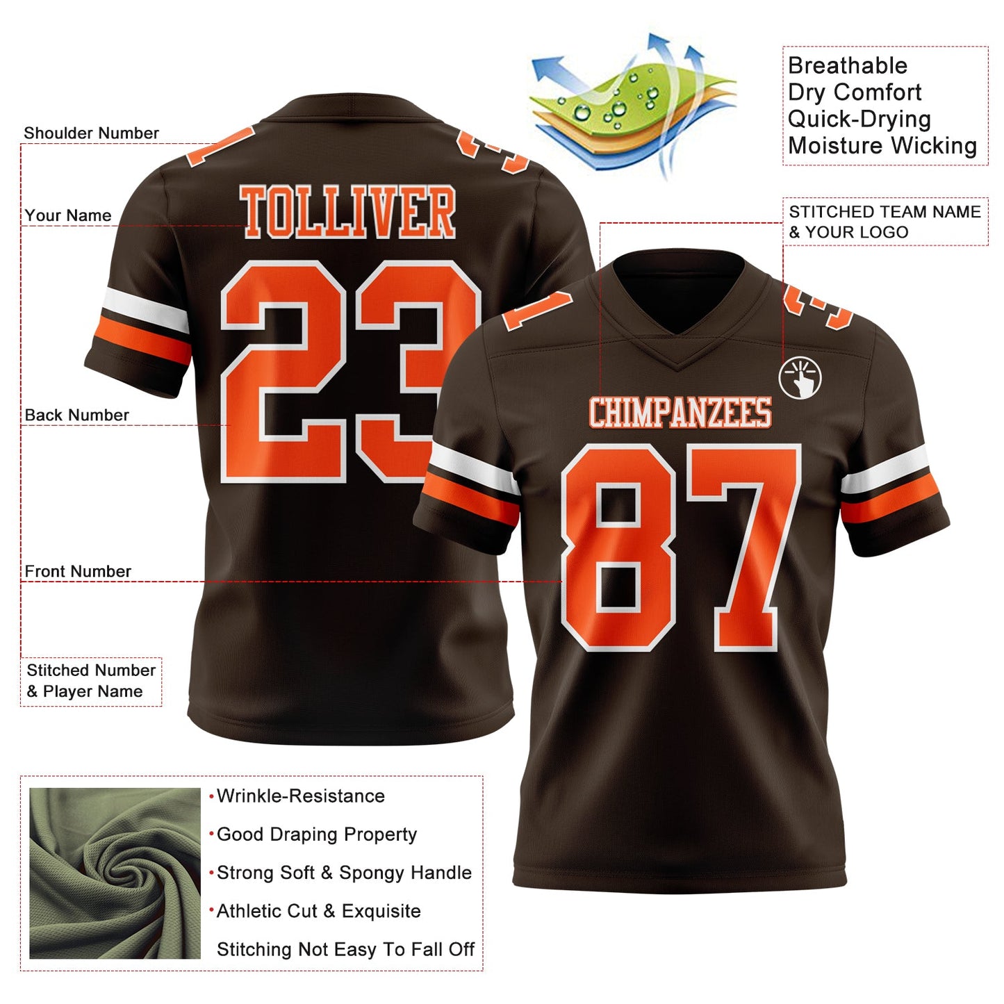 Custom Brown Orange-White Mesh Authentic Football Jersey