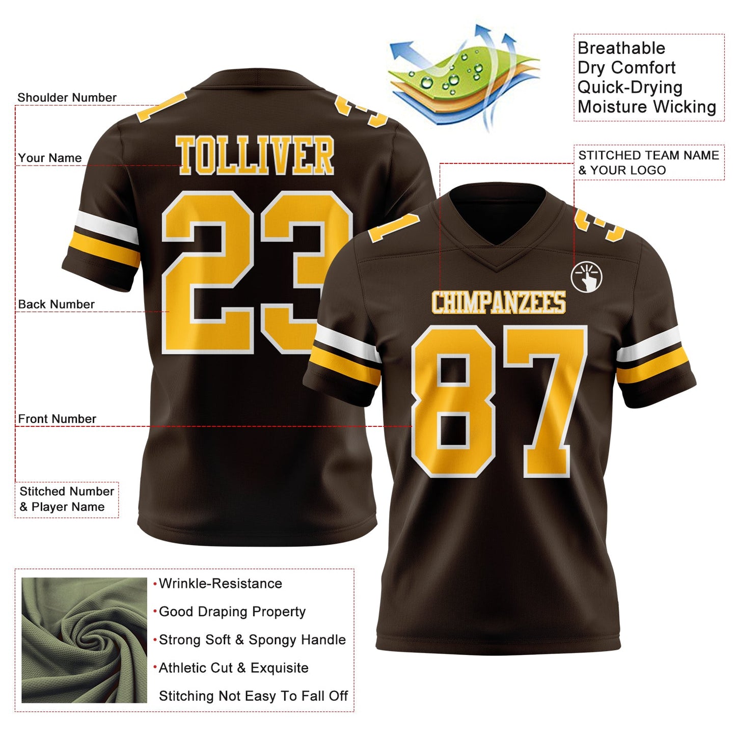 Custom Brown Gold-White Mesh Authentic Football Jersey
