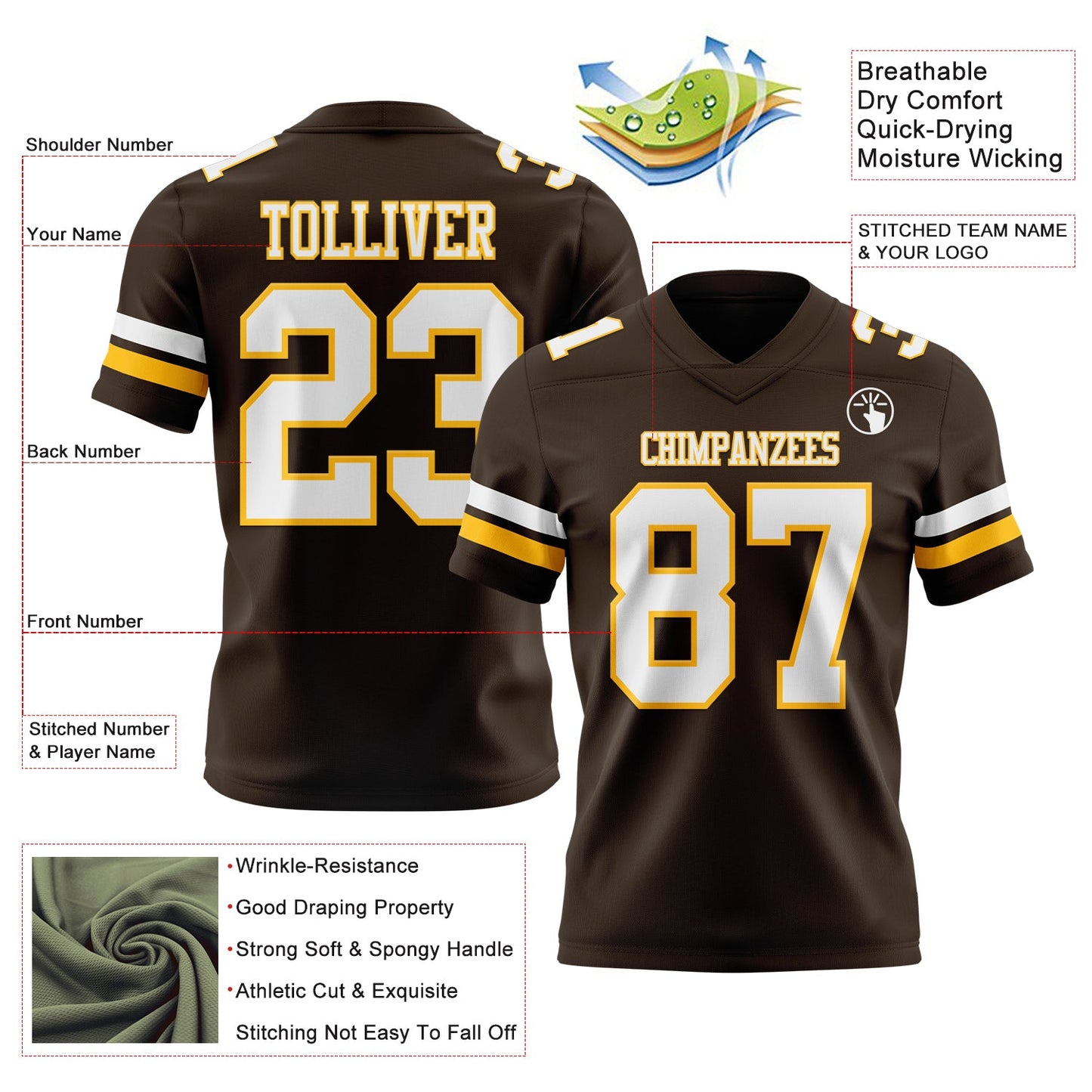 Custom Brown White-Gold Mesh Authentic Football Jersey