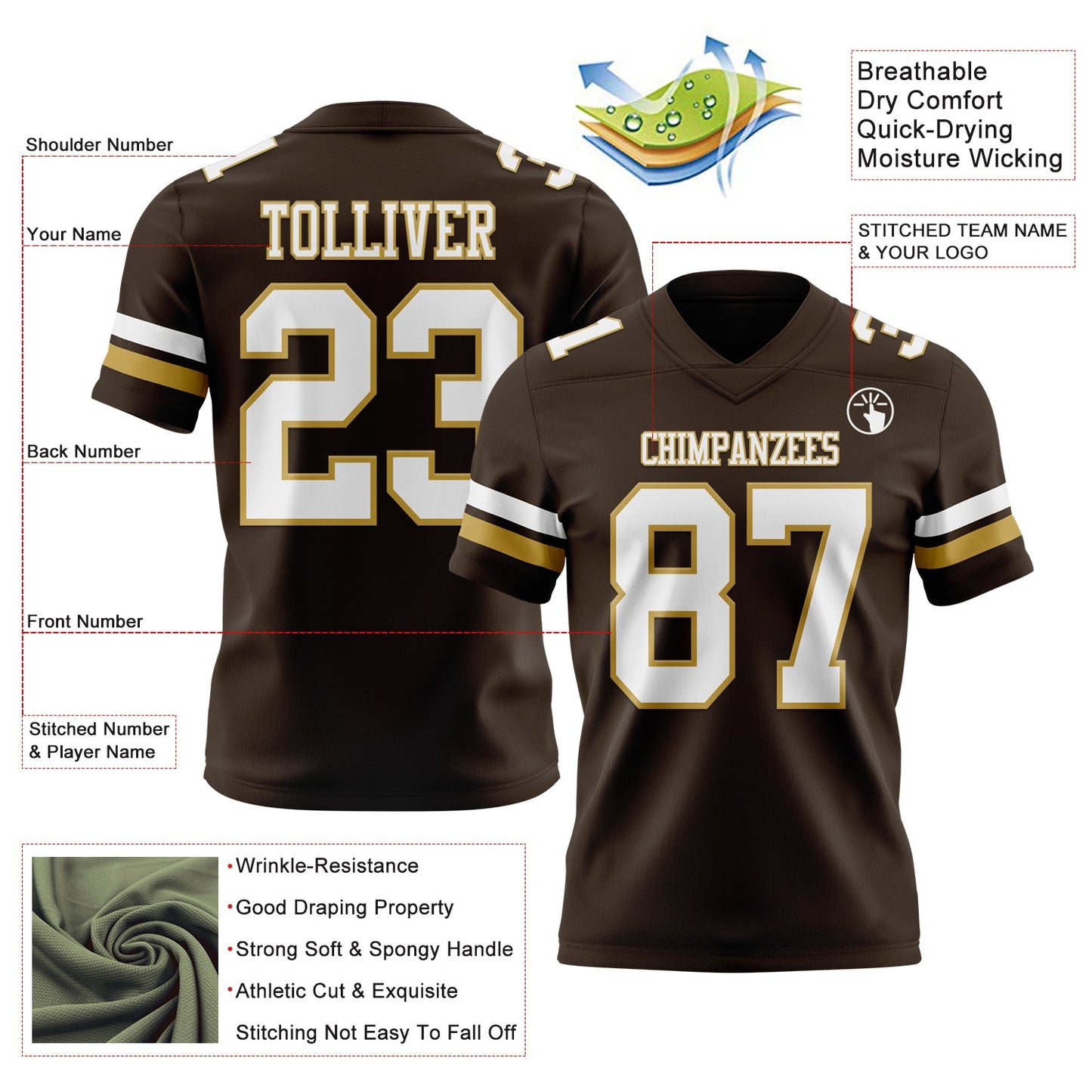 Custom Brown White-Old Gold Mesh Authentic Football Jersey