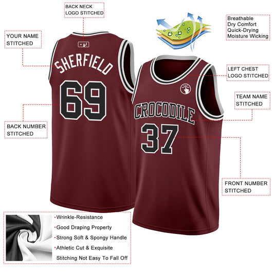 Custom Burgundy Black-White Authentic Basketball Jersey