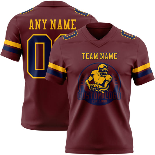 Custom Burgundy Navy-Gold Mesh Authentic Football Jersey