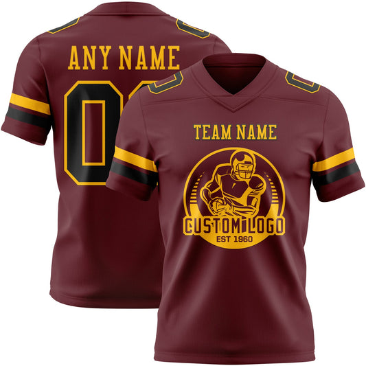 Custom Burgundy Black-Gold Mesh Authentic Football Jersey