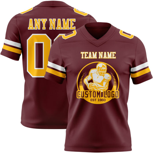 Custom Burgundy Gold-White Mesh Authentic Football Jersey
