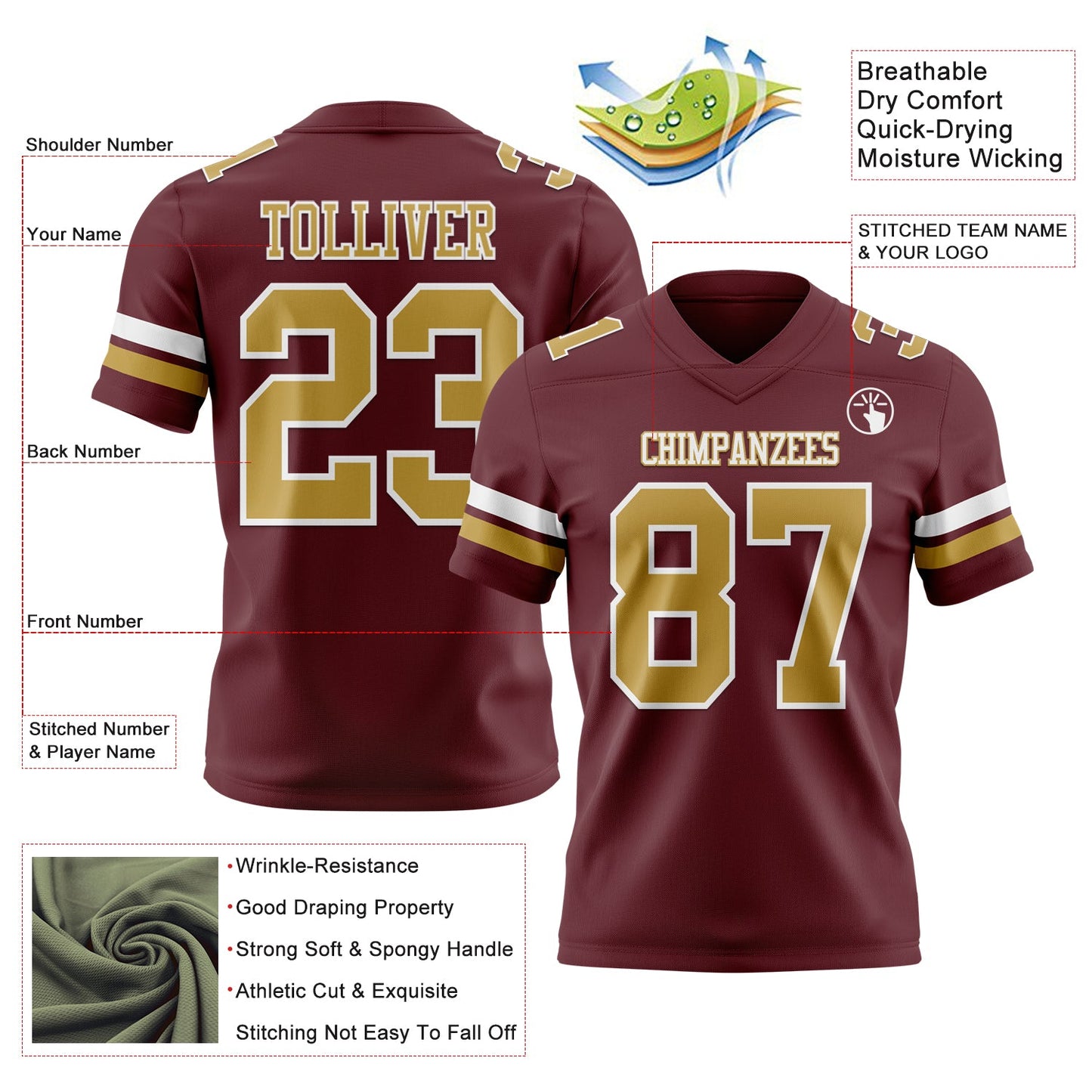 Custom Burgundy Old Gold-White Mesh Authentic Football Jersey