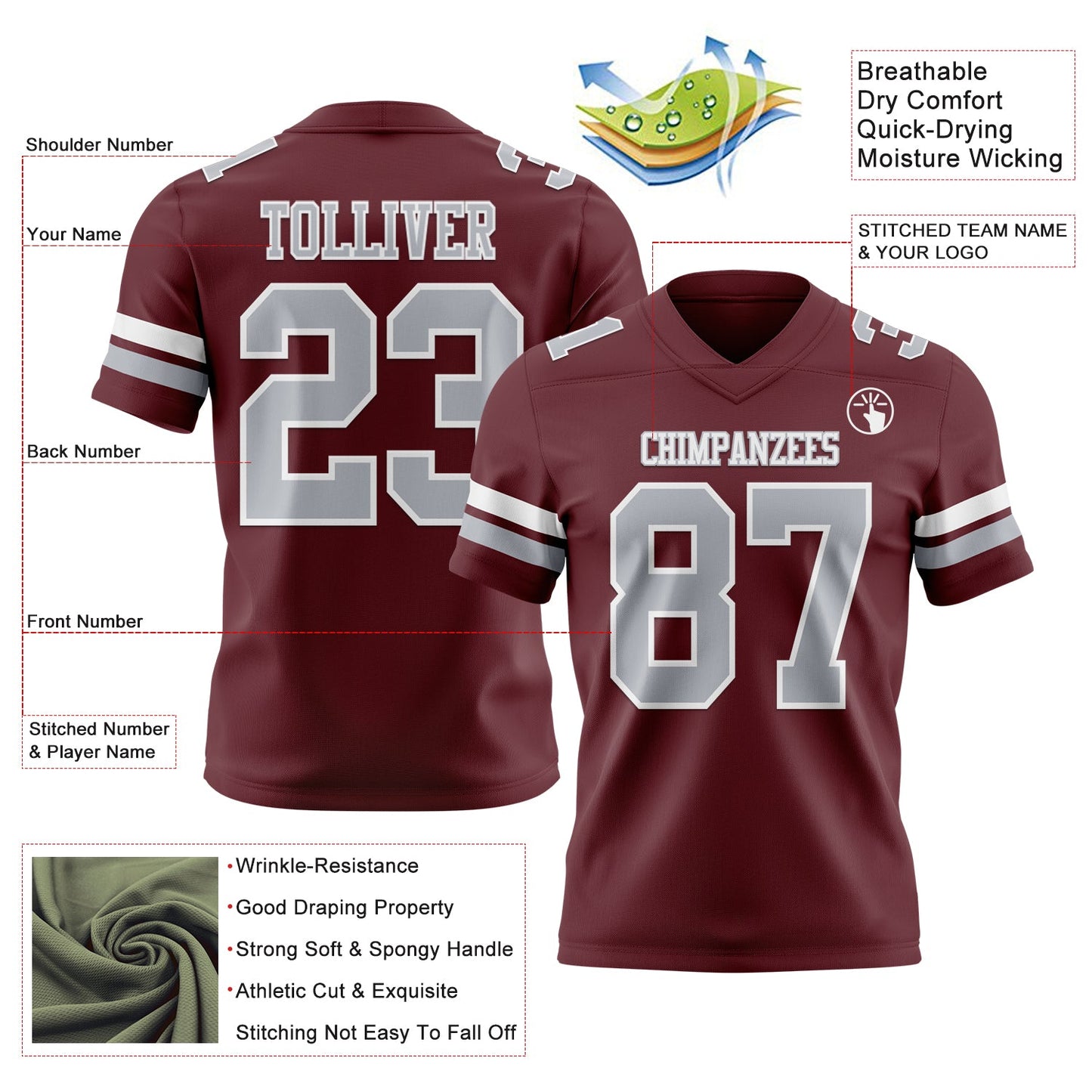 Custom Burgundy Gray-White Mesh Authentic Football Jersey