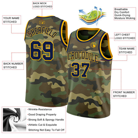 Custom Camo Navy-Gold Authentic Salute To Service Basketball Jersey