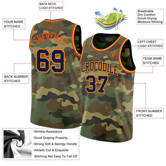 Custom Camo Navy Gold-Orange Authentic Salute To Service Basketball Jersey
