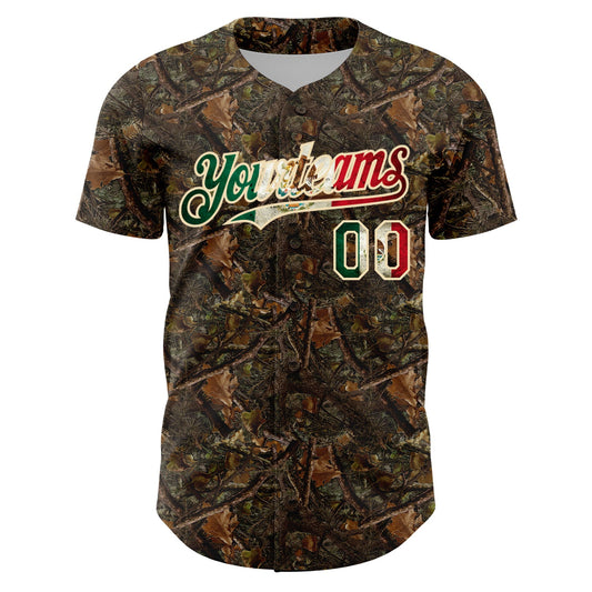 Custom Camo Vintage Mexican Flag-Cream 3D Woodland Camo Authentic Salute To Service Baseball Jersey