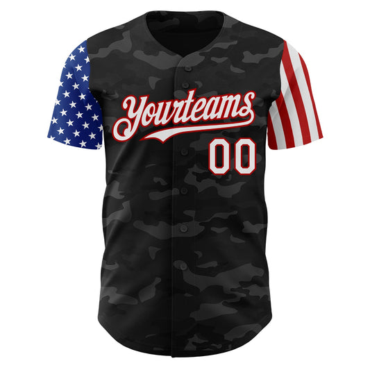 Custom Camo White-Red 3D American Flag Authentic Salute To Service Baseball Jersey