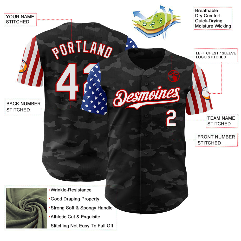 Custom Camo White-Red 3D American Flag Authentic Salute To Service Baseball Jersey