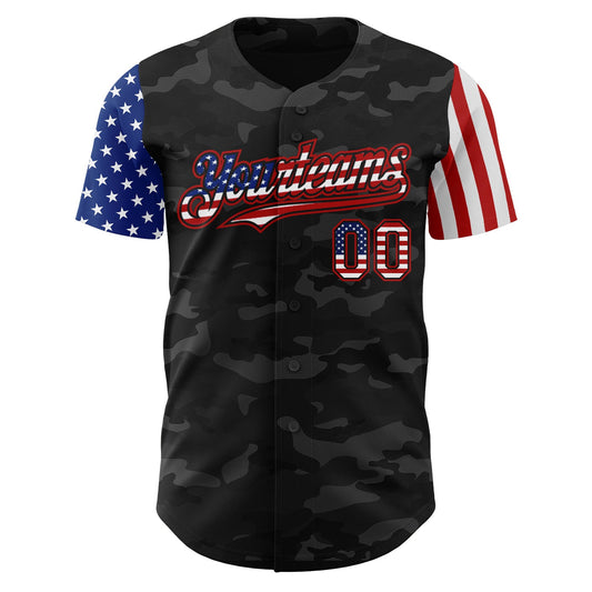 Custom Camo USA Flag Black-Red 3D Authentic Salute To Service Baseball Jersey