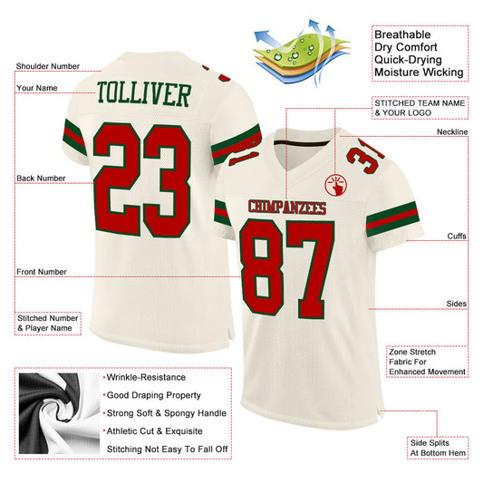 Custom Cream Red-Green Mesh Authentic Football Jersey