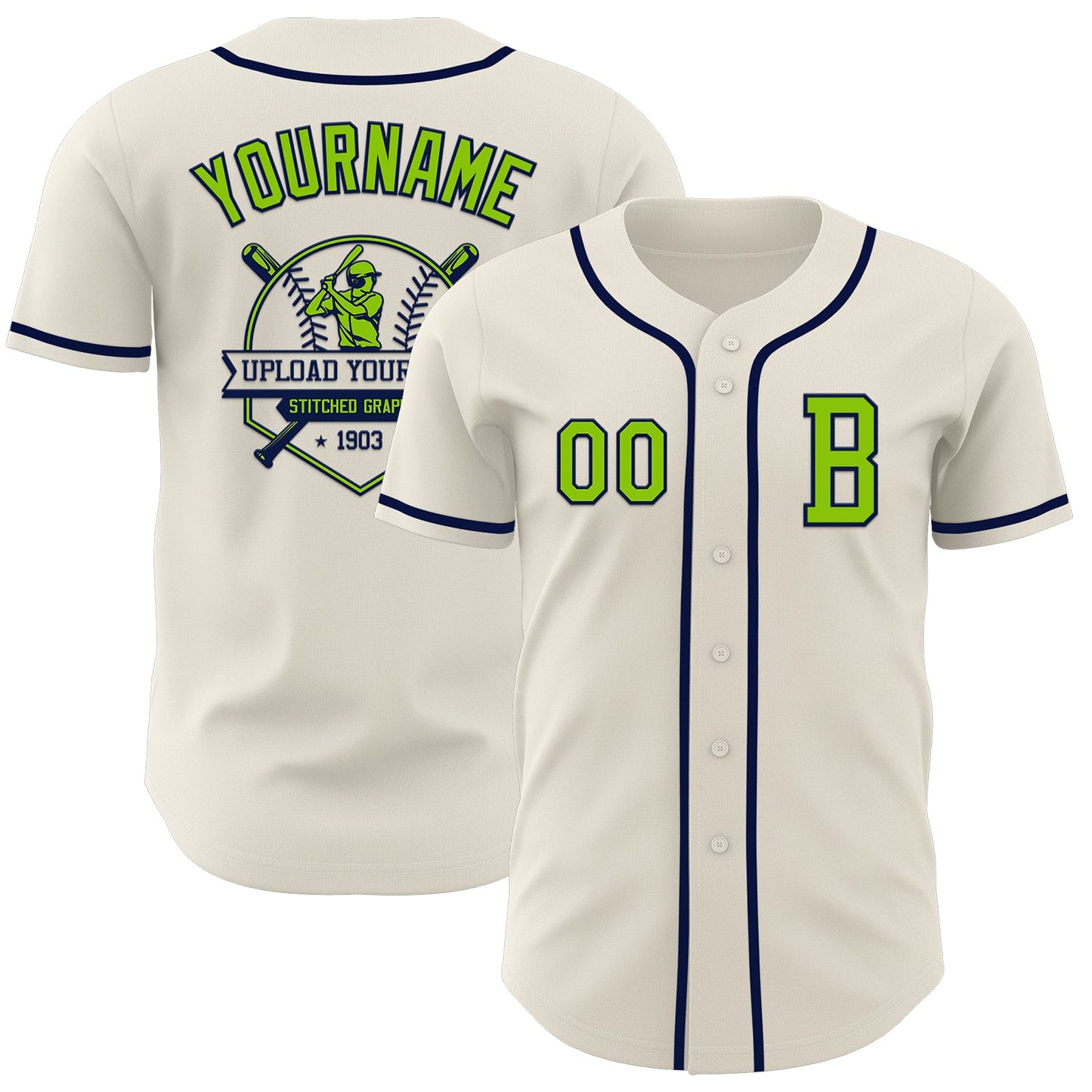 Custom Cream Neon Green-Navy Authentic Baseball Jersey