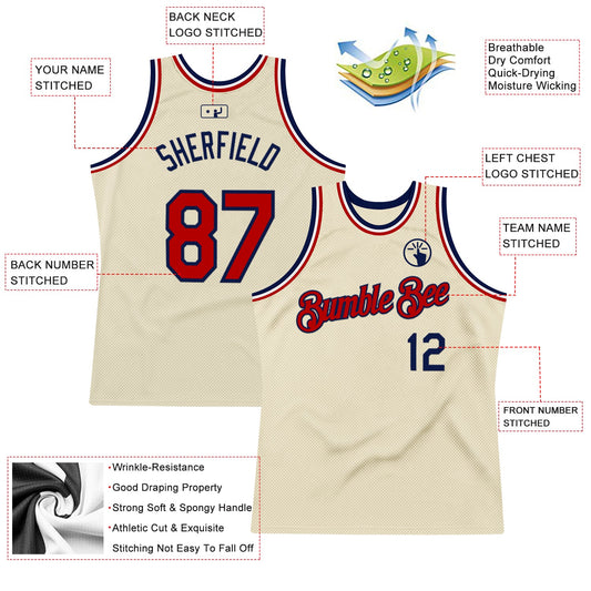 Custom Cream Red Navy-White Authentic Throwback Basketball Jersey