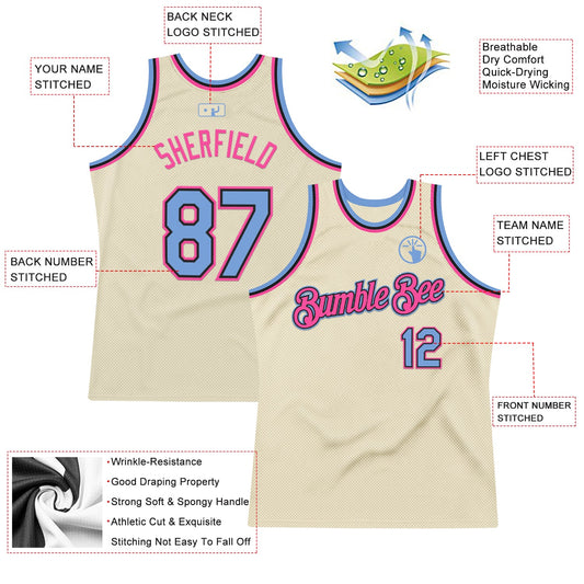 Custom Cream Light Blue Black-Pink Authentic Throwback Basketball Jersey