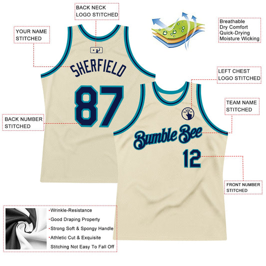 Custom Cream Navy-Teal Authentic Throwback Basketball Jersey