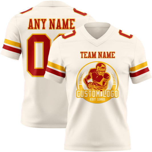 Custom Cream Red-Gold Mesh Authentic Football Jersey