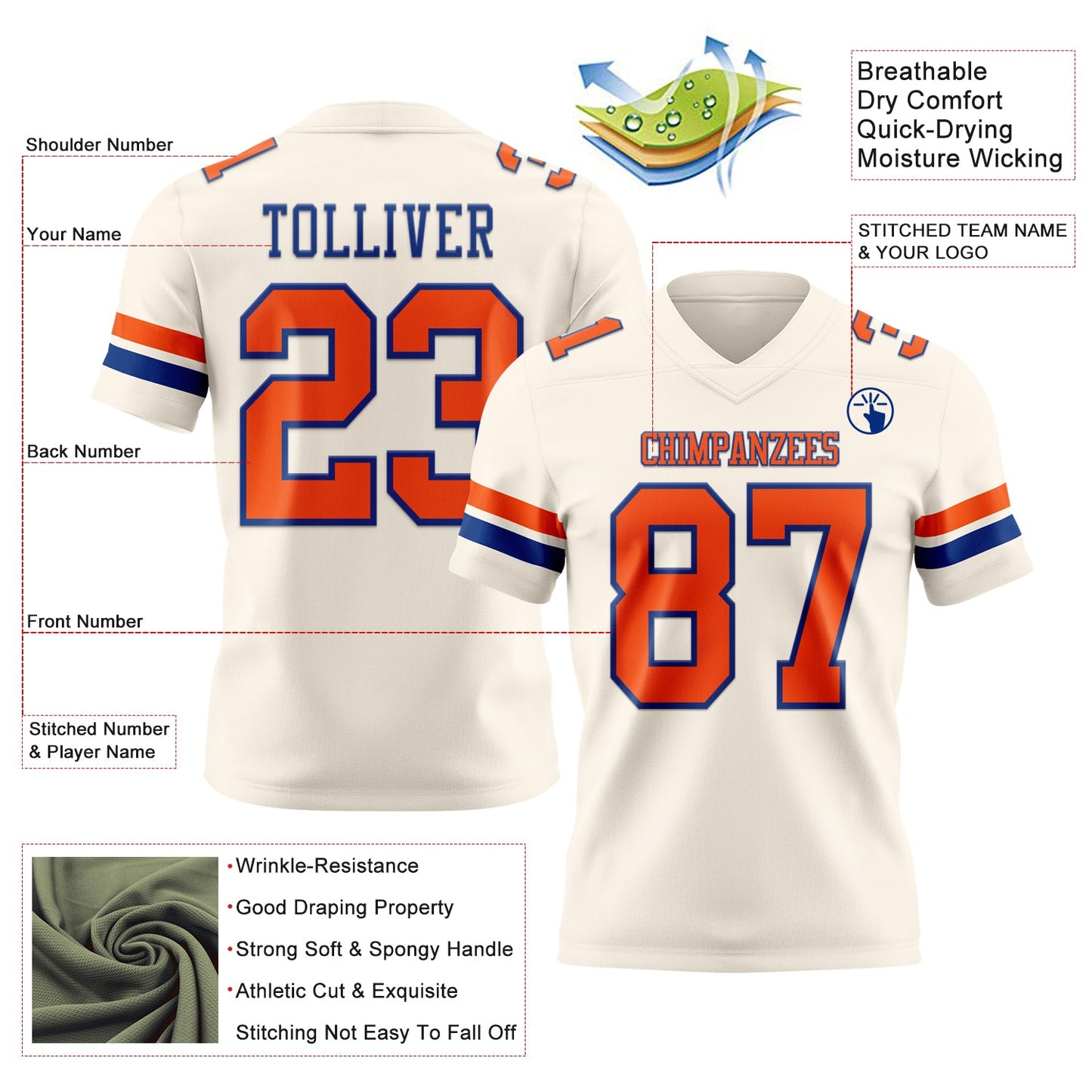 Custom Cream Orange-Royal Mesh Authentic Football Jersey
