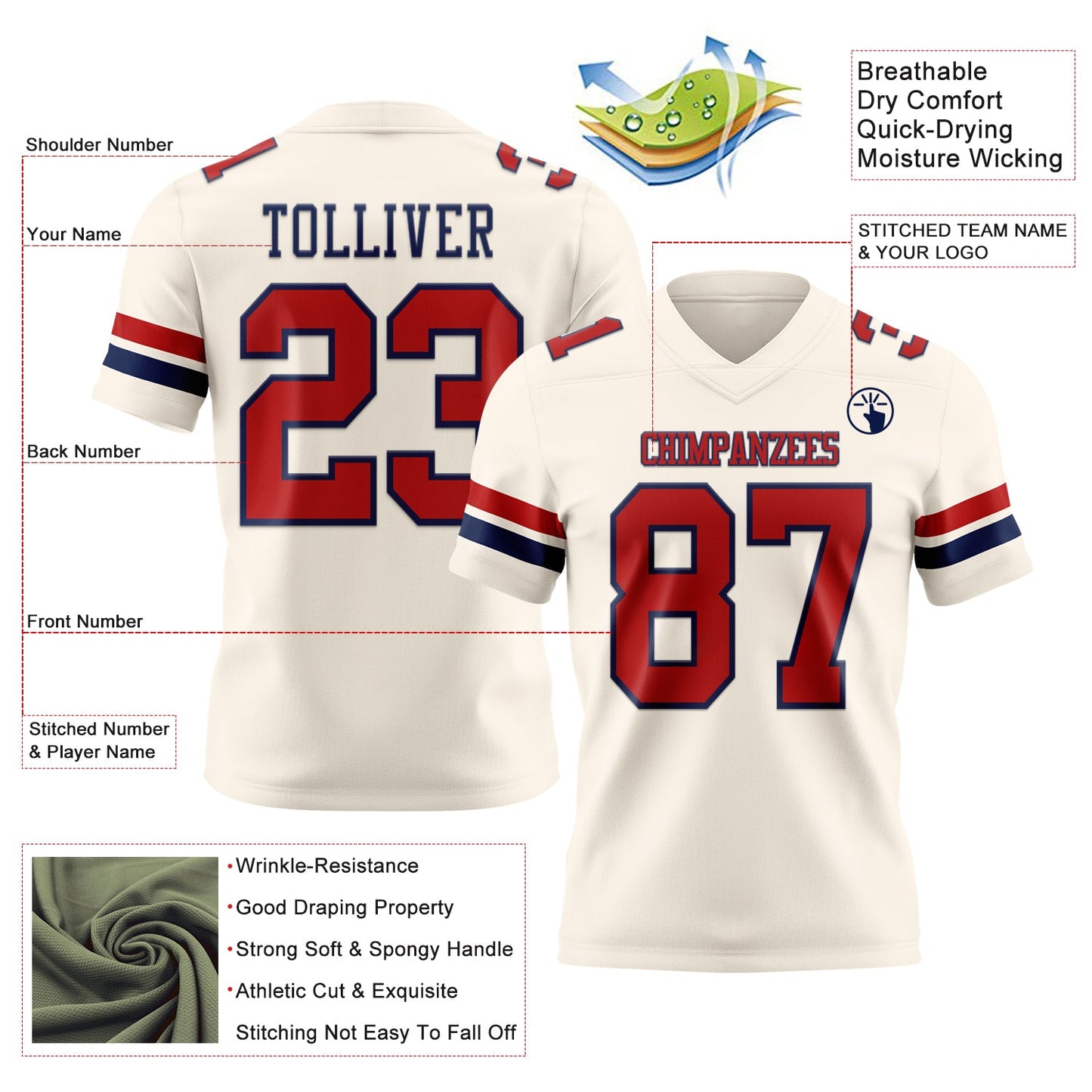 Custom Cream Red-Navy Mesh Authentic Football Jersey