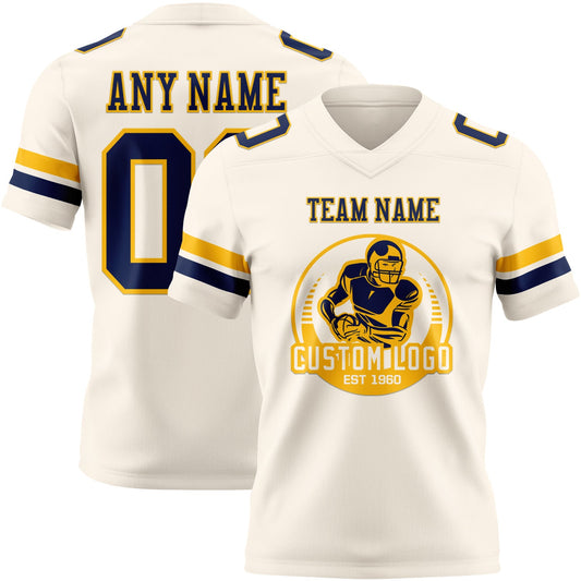 Custom Cream Navy-Gold Mesh Authentic Football Jersey