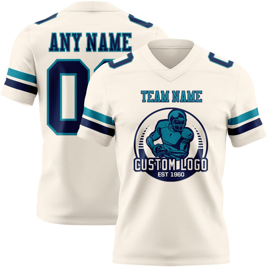 Custom Cream Navy-Teal Mesh Authentic Football Jersey