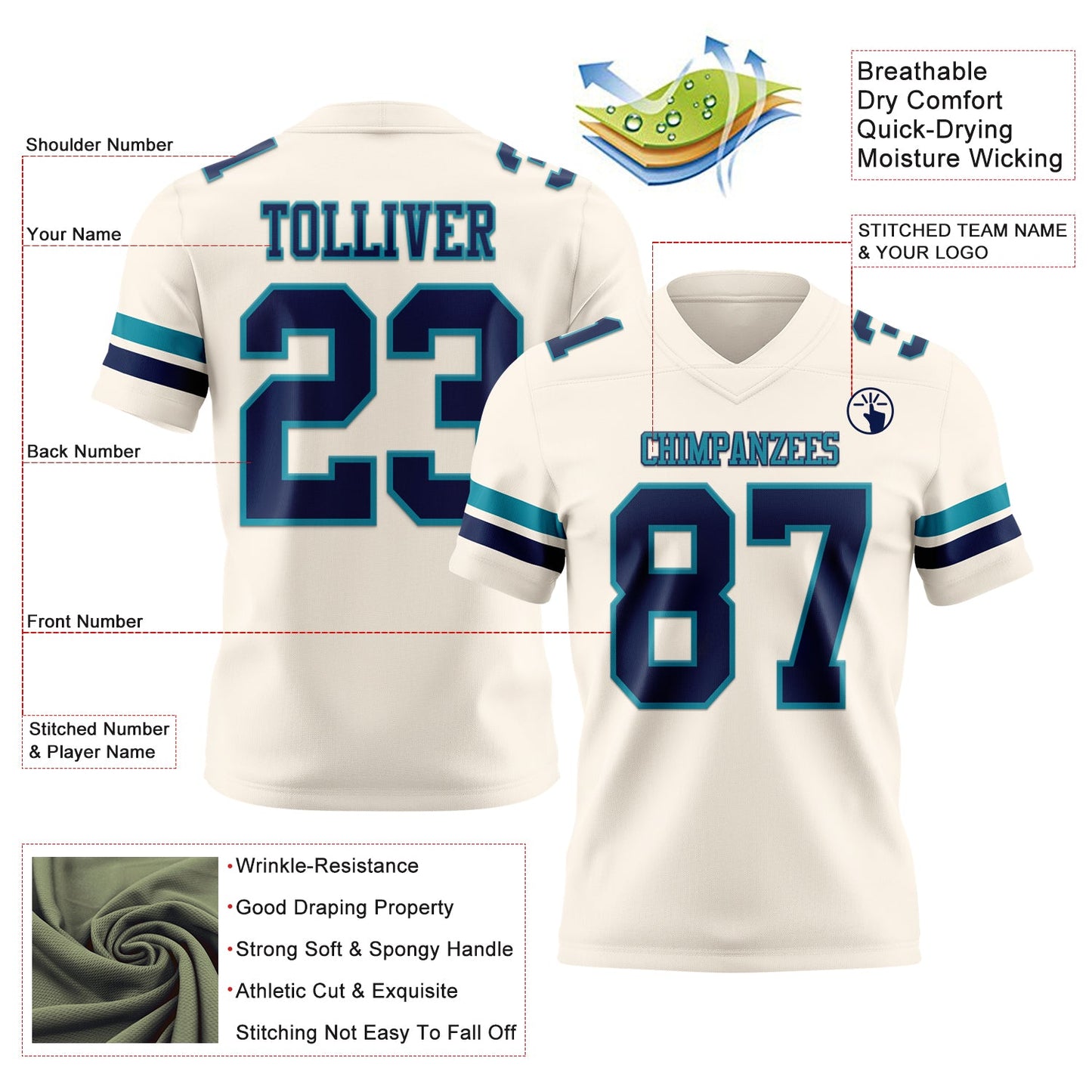 Custom Cream Navy-Teal Mesh Authentic Football Jersey