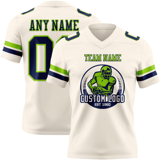 Custom Cream Navy-Neon Green Mesh Authentic Football Jersey