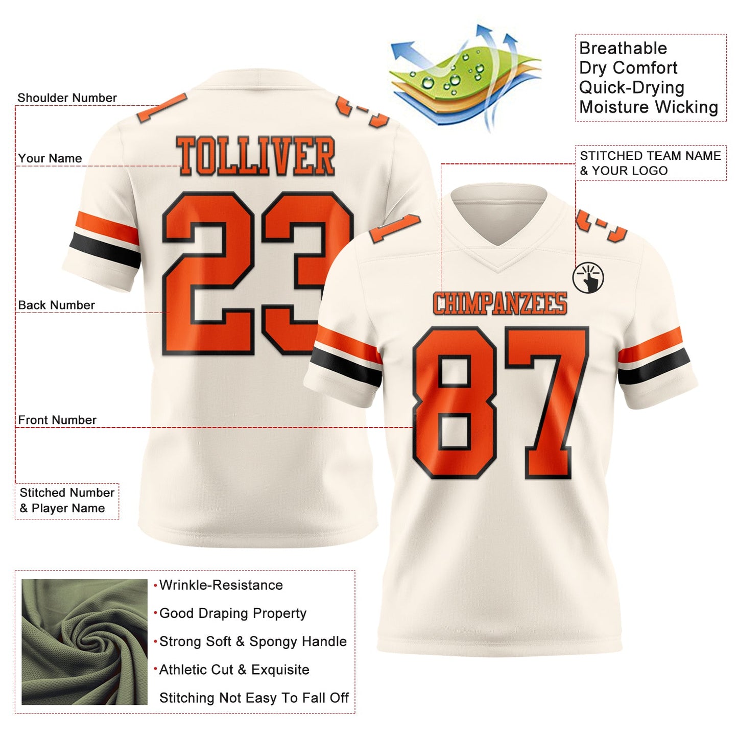 Custom Cream Orange-Black Mesh Authentic Football Jersey