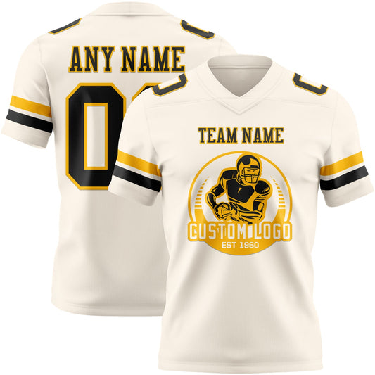 Custom Cream Black-Gold Mesh Authentic Football Jersey