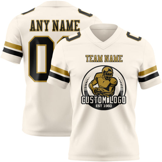 Custom Cream Black-Old Gold Mesh Authentic Football Jersey