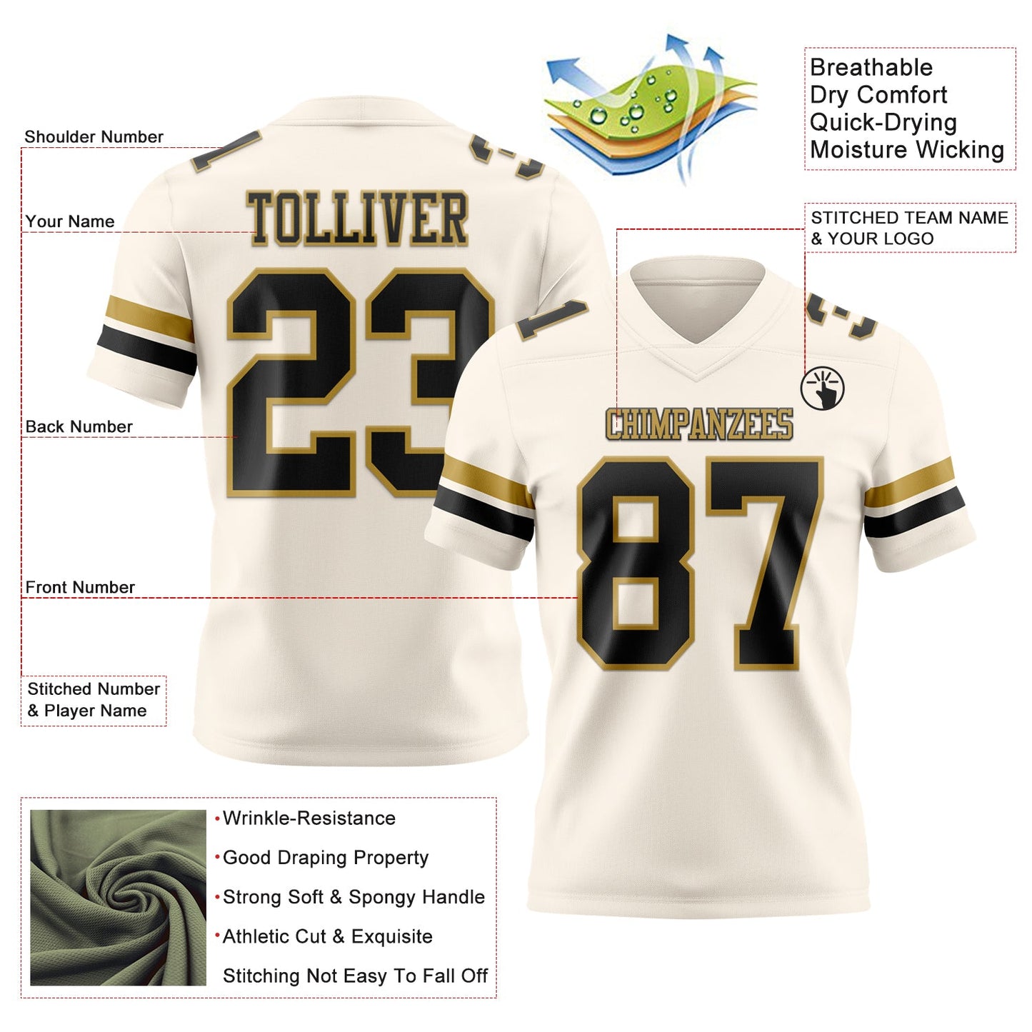 Custom Cream Black-Old Gold Mesh Authentic Football Jersey