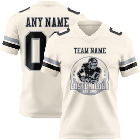 Custom Cream Black-Gray Mesh Authentic Football Jersey
