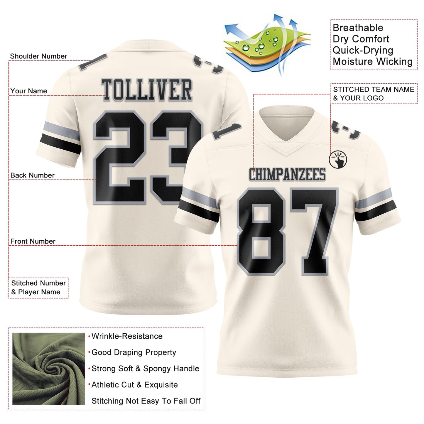 Custom Cream Black-Gray Mesh Authentic Football Jersey