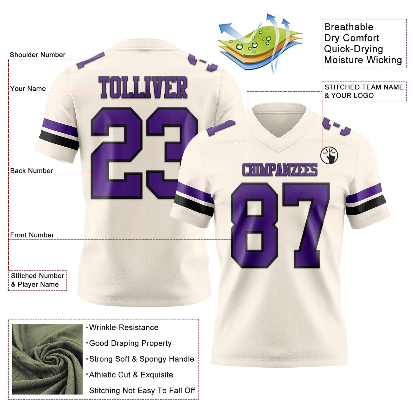 Custom Cream Purple-Black Mesh Authentic Football Jersey