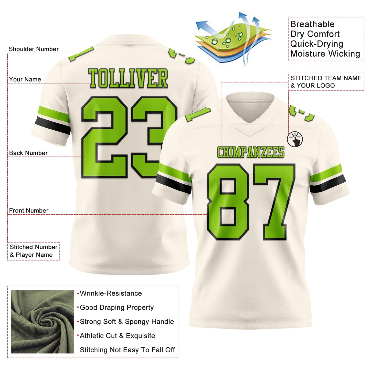Custom Cream Neon Green-Black Mesh Authentic Football Jersey
