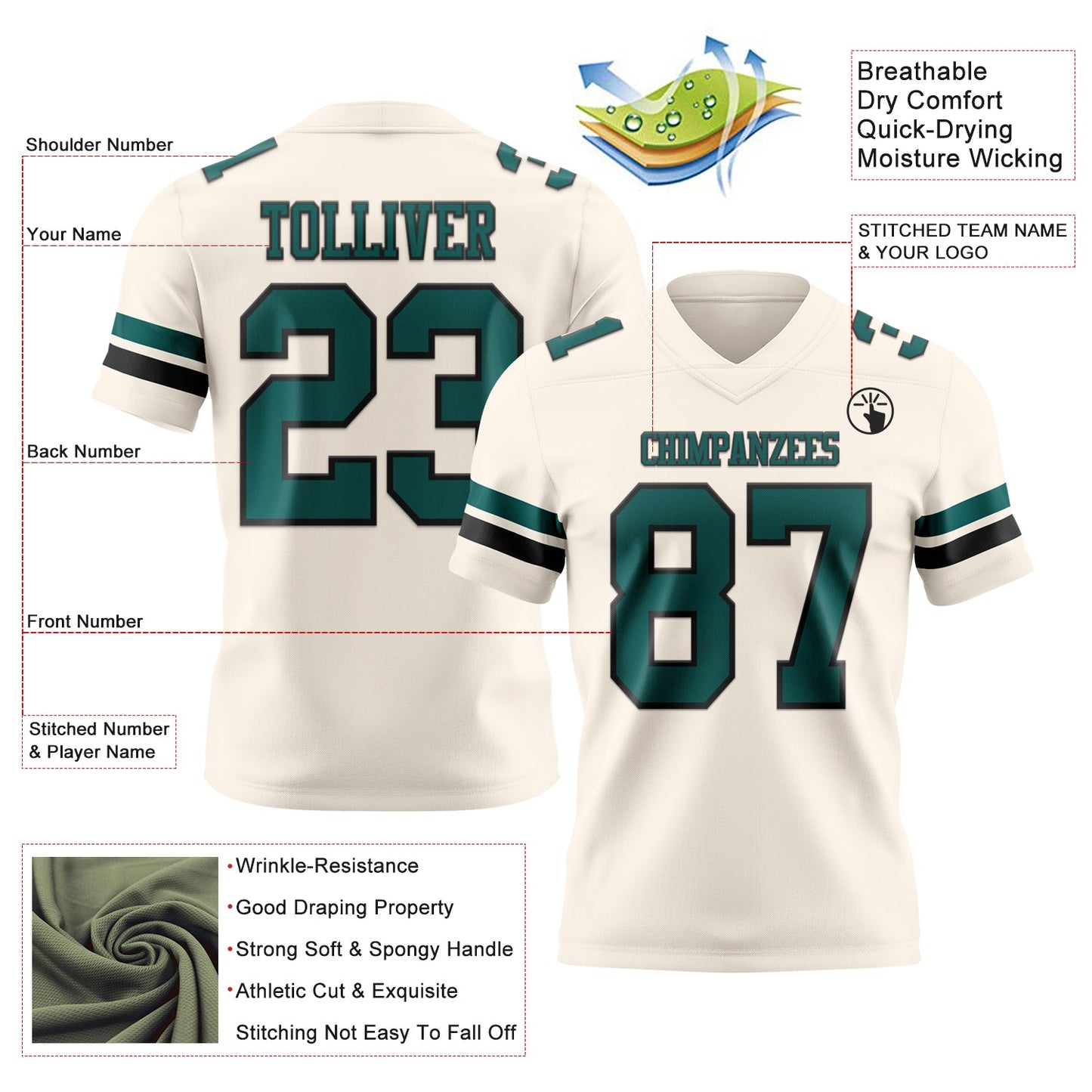 Custom Cream Midnight Green-Black Mesh Authentic Football Jersey