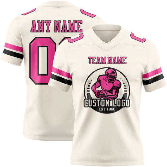 Custom Cream Pink-Black Mesh Authentic Football Jersey